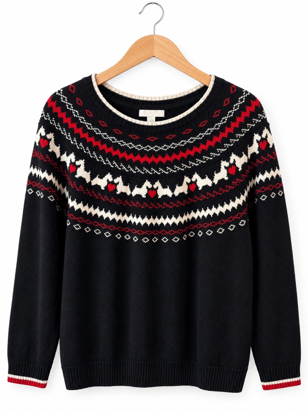 Charter Club Fair Isle Sweater XL Black Red Nordic Holiday Winter Crewneck